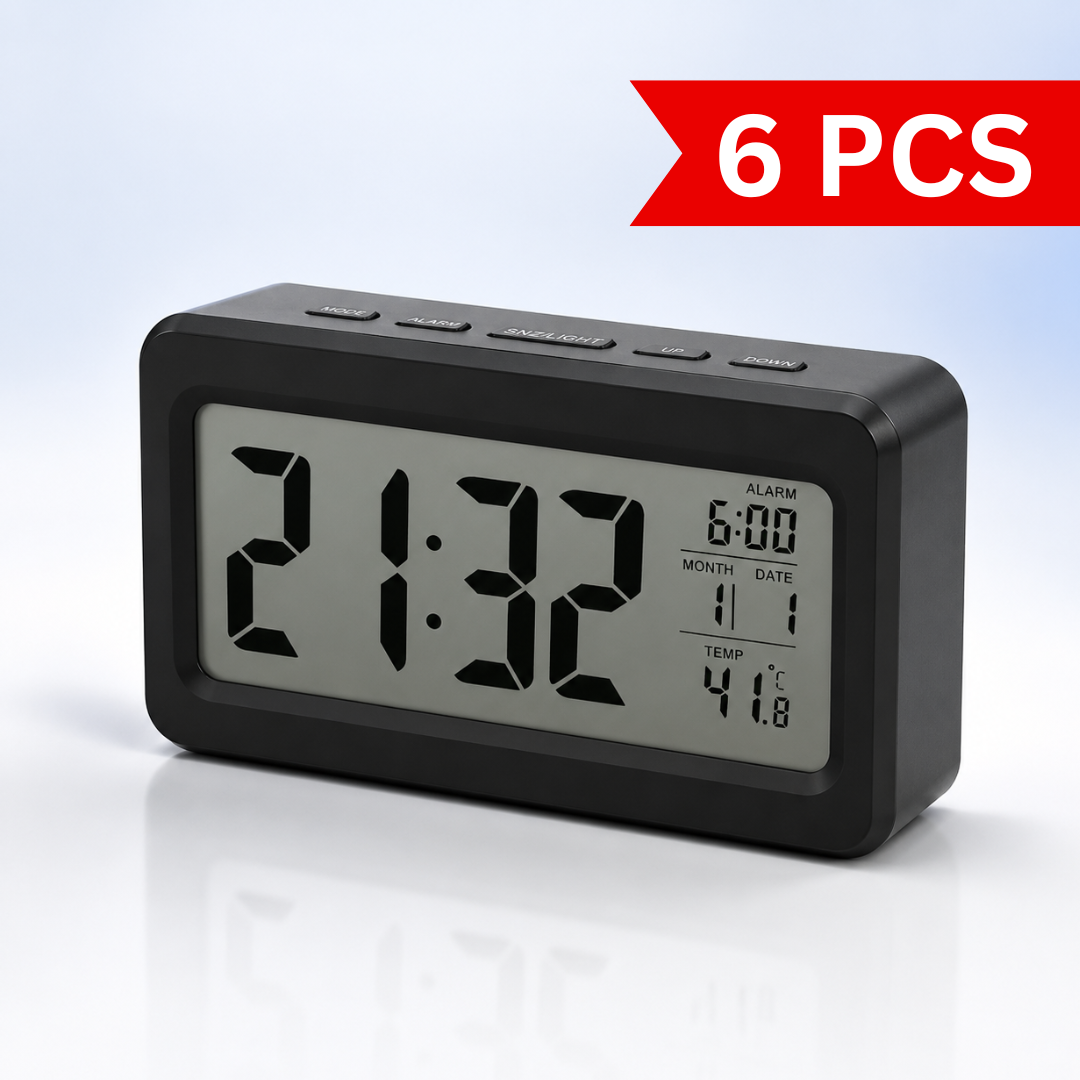 Modern black LCD digital alarm clock with large easy-to-read display showing time, alarm, calendar and indoor temperature, designed for bedside tables, office desks and study rooms