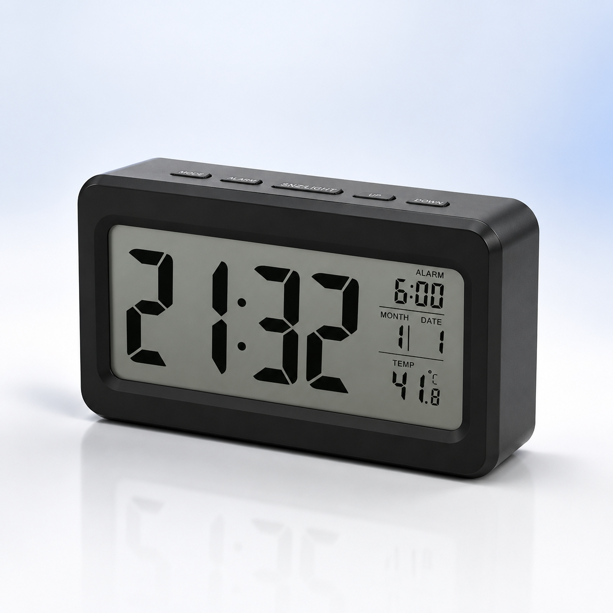 Modern black LCD digital alarm clock with large easy-to-read display showing time, alarm, calendar and indoor temperature, designed for bedside tables, office desks and study rooms