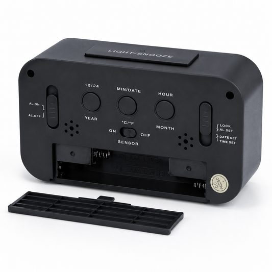 Rear view of the LCD digital alarm clock showing battery compartment, control buttons, sensor switch and alarm settings.