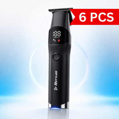 Professional rechargeable hair trimmer with digital LED display, stainless steel T-blade, USB Type-C charging, ergonomic grip, and cordless design for hair, beard, and body grooming.