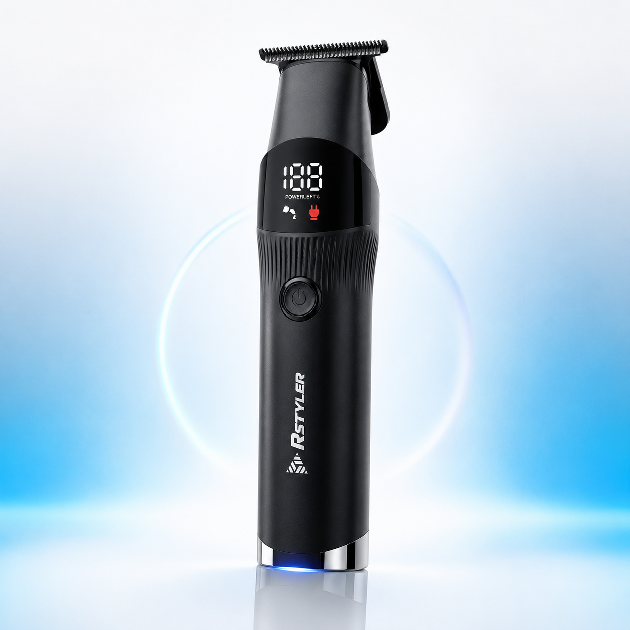 Professional rechargeable hair trimmer with digital LED display, stainless steel T-blade, USB Type-C charging, ergonomic grip, and cordless design for hair, beard, and body grooming.