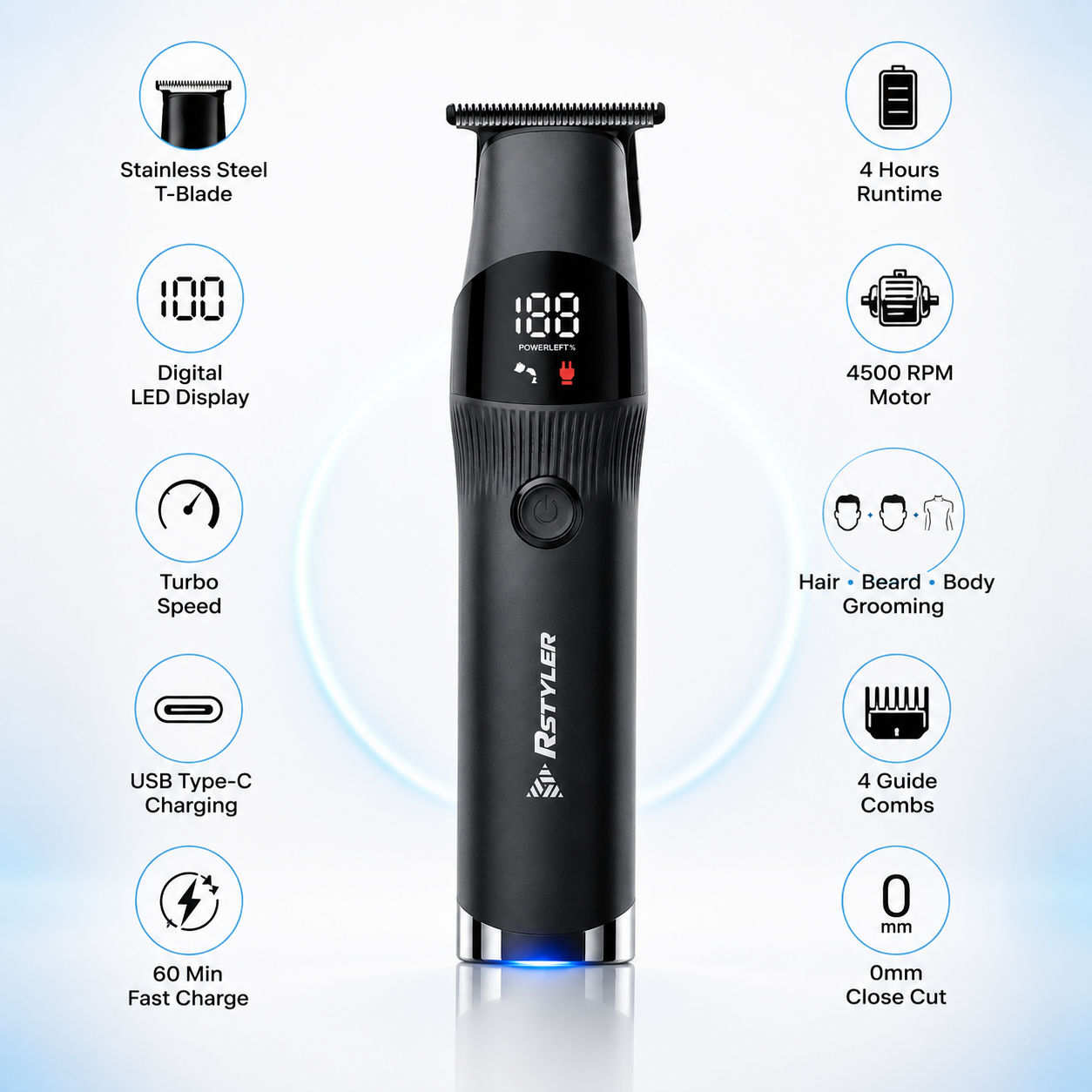 Professional cordless hair trimmer infographic highlighting stainless steel T-blade, digital LED display, 4500 RPM motor, USB Type-C charging, 60-minute fast charging, 4-hour runtime, 0 mm close cut, hair, beard and body grooming, and four guide combs.