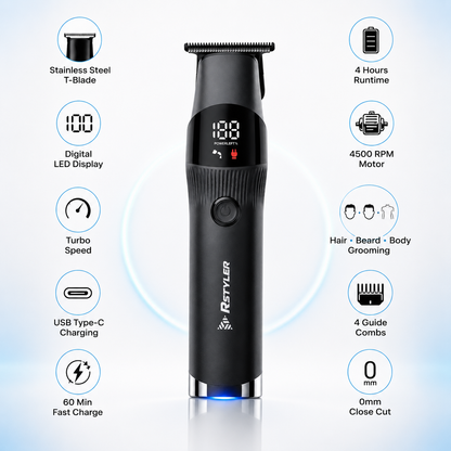 Professional cordless hair trimmer infographic highlighting stainless steel T-blade, digital LED display, 4500 RPM motor, USB Type-C charging, 60-minute fast charging, 4-hour runtime, 0 mm close cut, hair, beard and body grooming, and four guide combs.