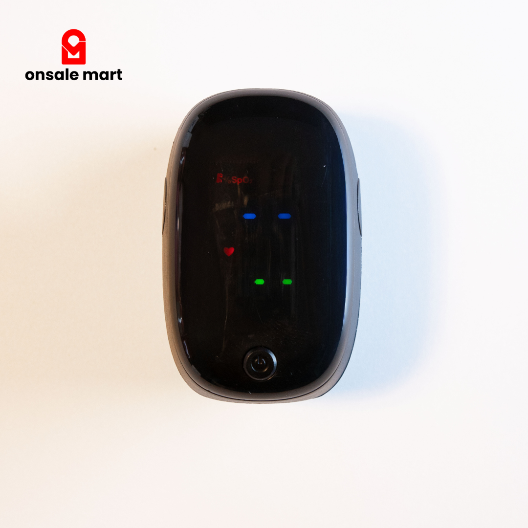 Digital fingertip pulse oximeter showing SpO₂ and pulse rate on LED display.