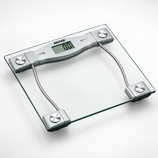 Transparent digital glass weighing scale with four precision sensors and LCD display