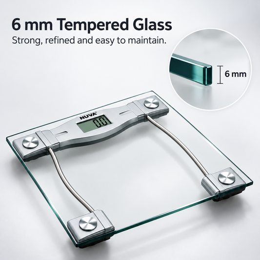Digital personal weighing scale featuring a durable 6 mm tempered-glass platform