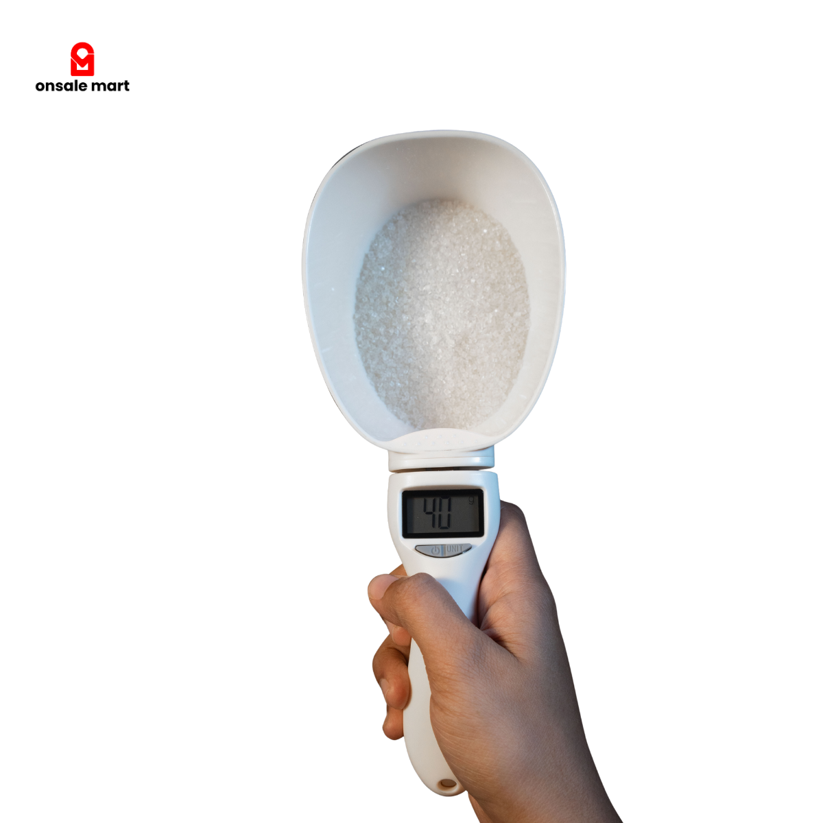Digital spoon scale measuring sugar with one-hand operation.