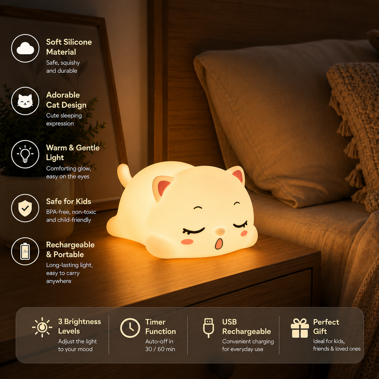 Sleeping cat silicone night light glowing warmly on bedside table, featuring USB rechargeable design, adjustable brightness levels, timer function and soft child-friendly silicone material.
