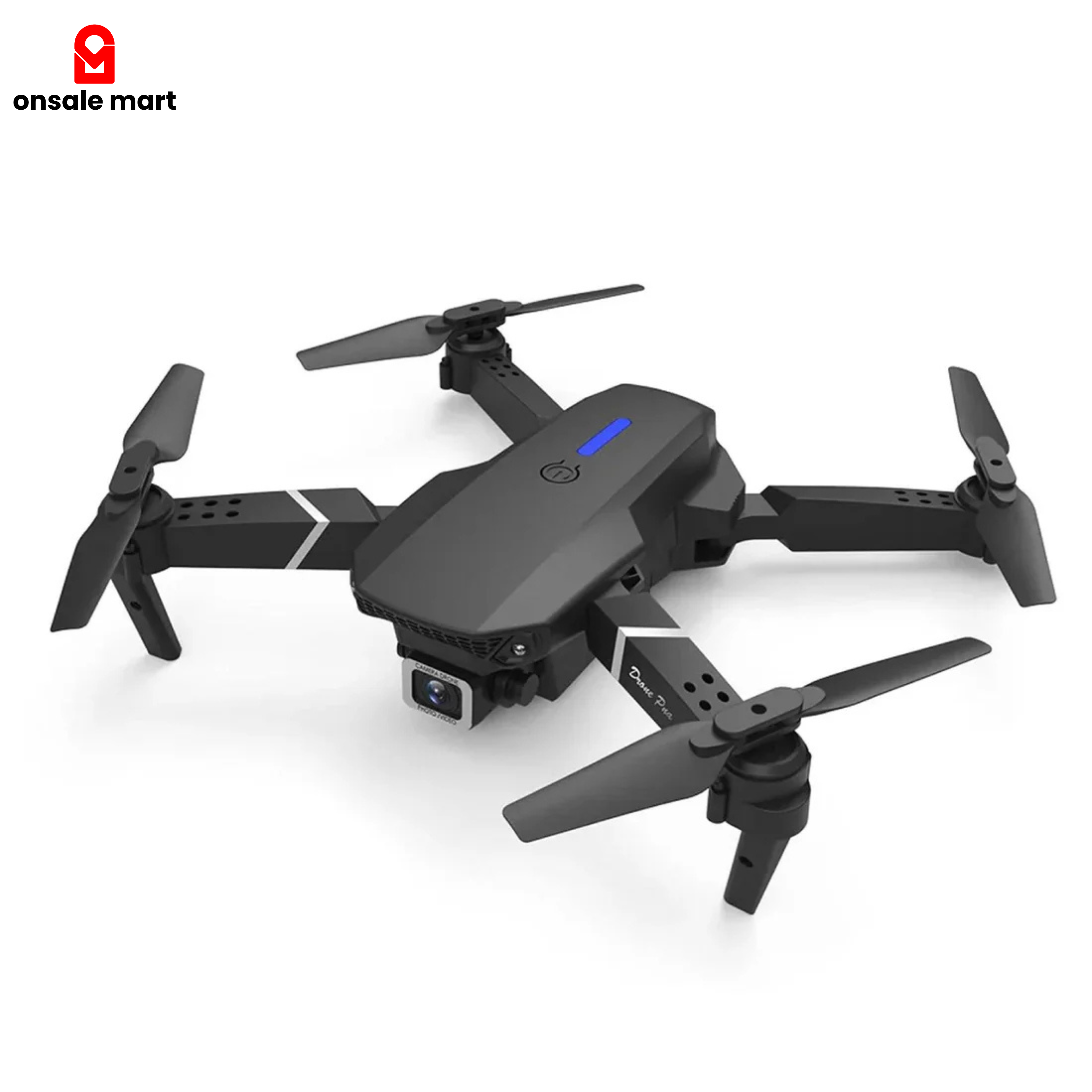 Black drone with propellers on a white background, featuring the Onsale Mart logo.