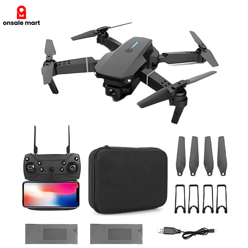 Drone E88 Pro Max with accessories on a white background, including remote control, carrying case, propellers, double battery and USB cable.