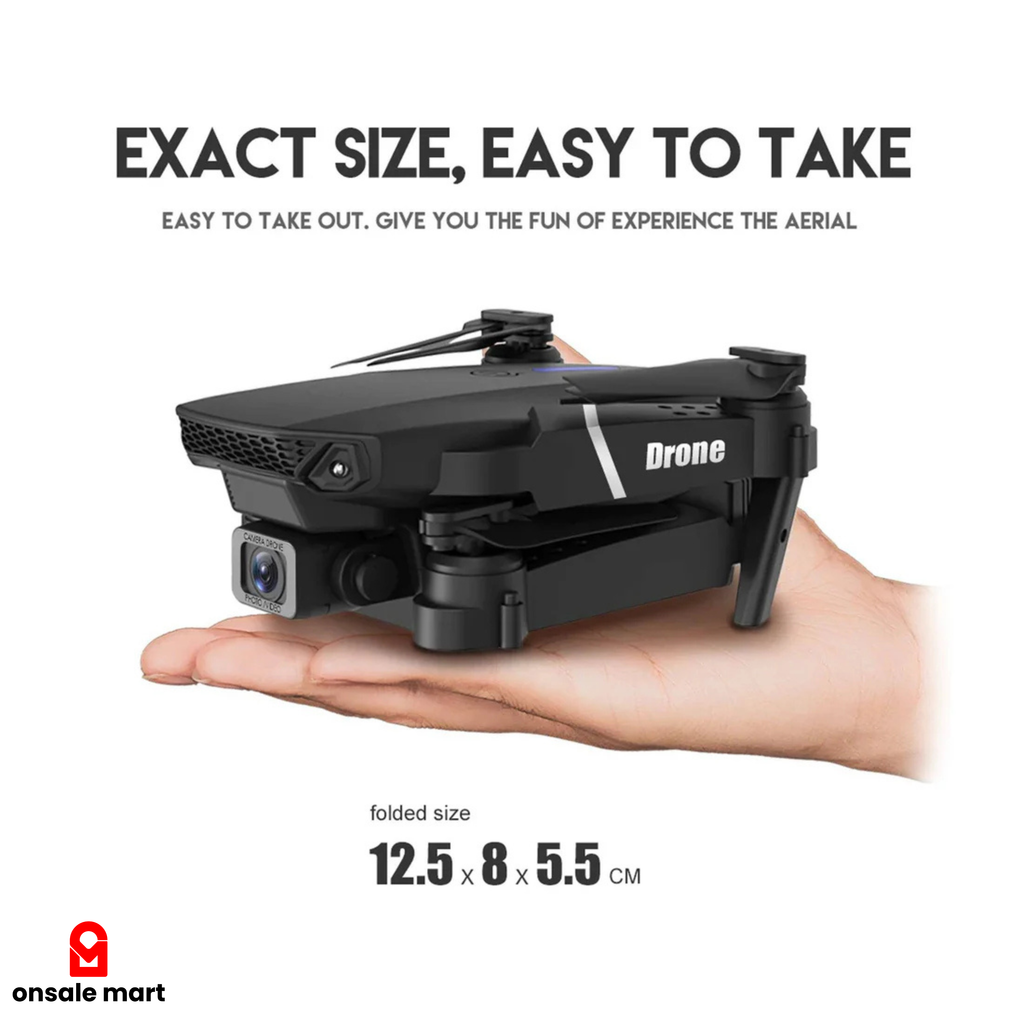 Mini Drone held in a hand with text about its size and ease of use.