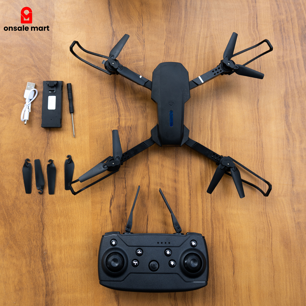Onsale Mart Drone E88 Pro Max with accessories on a wooden surface.