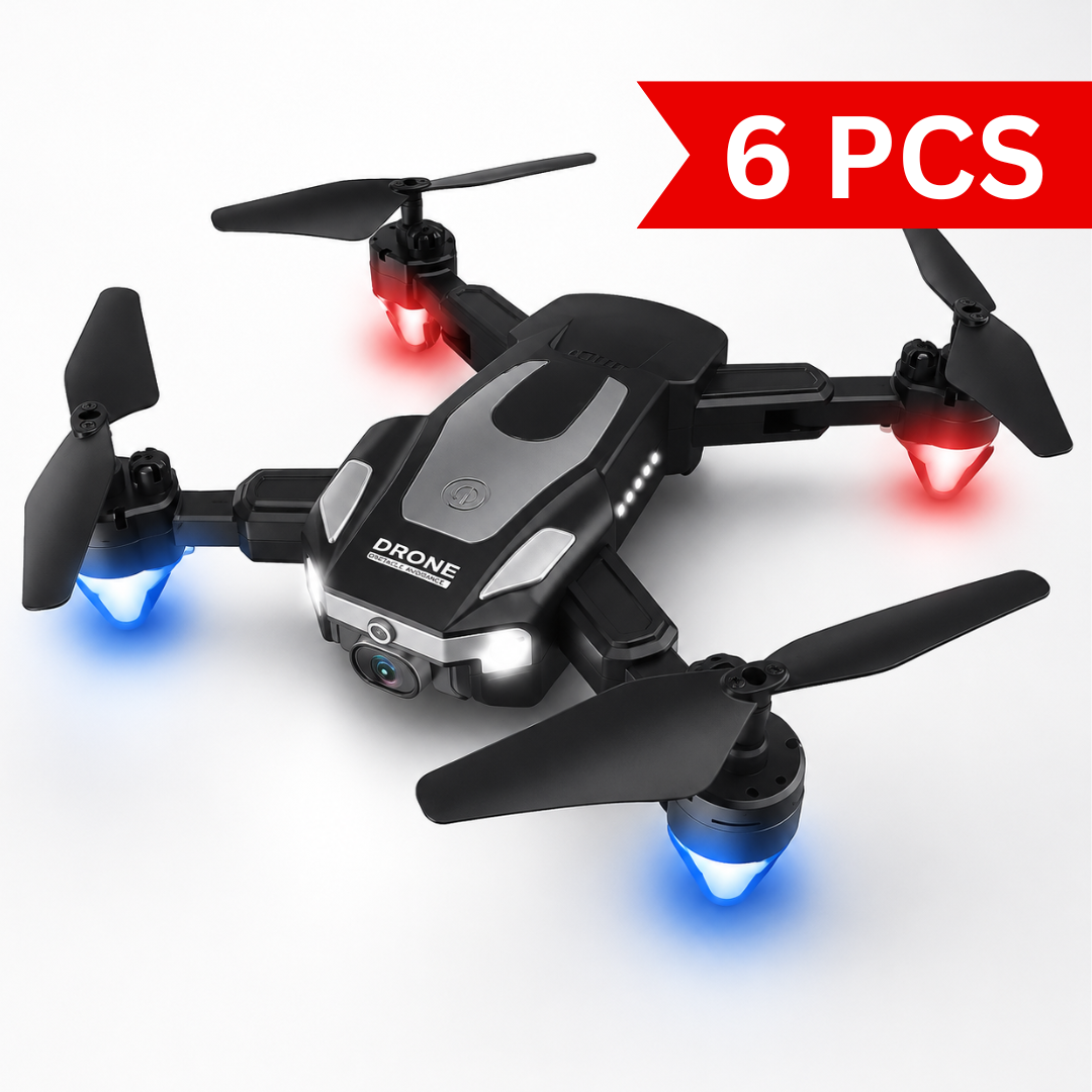 Black foldable dual camera drone with bright LED lights, aerodynamic design, front-facing camera, compact body, and portable RC drone construction displayed on a clean white background.