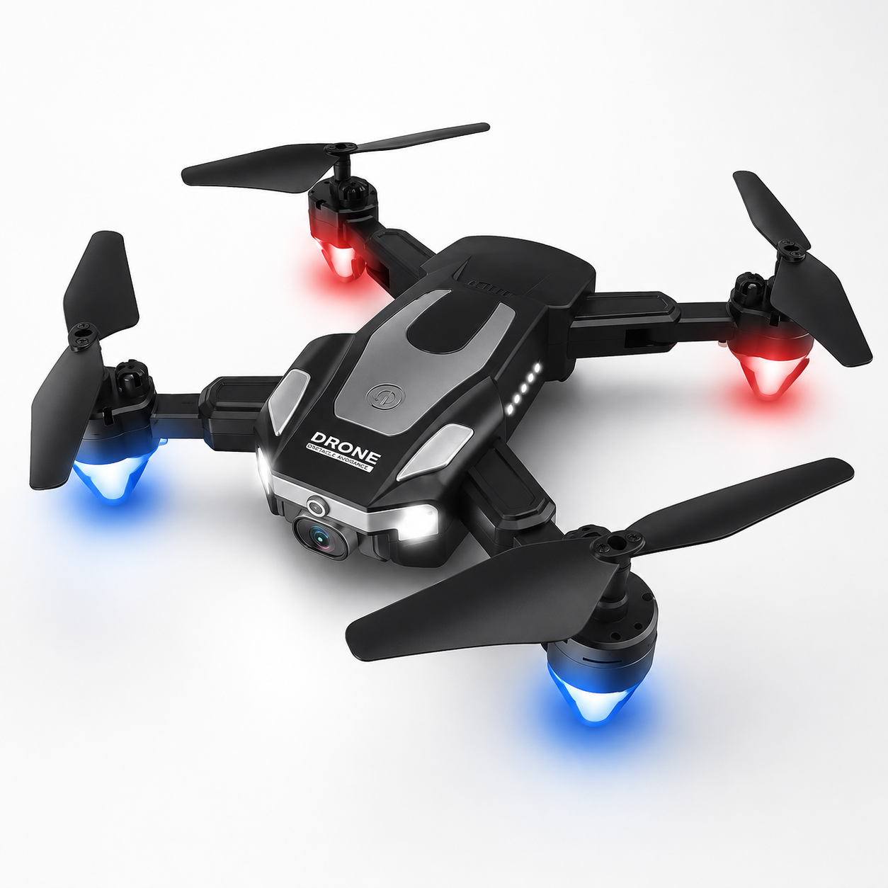 Black foldable dual camera drone with bright LED lights, aerodynamic design, front-facing camera, compact body, and portable RC drone construction displayed on a clean white background.