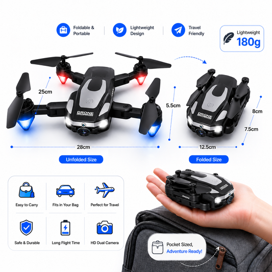 Lightweight foldable drone with dual HD cameras, compact portable design, unfolded and folded size comparison, 180g weight, travel-friendly construction, and pocket-sized storage demonstration.