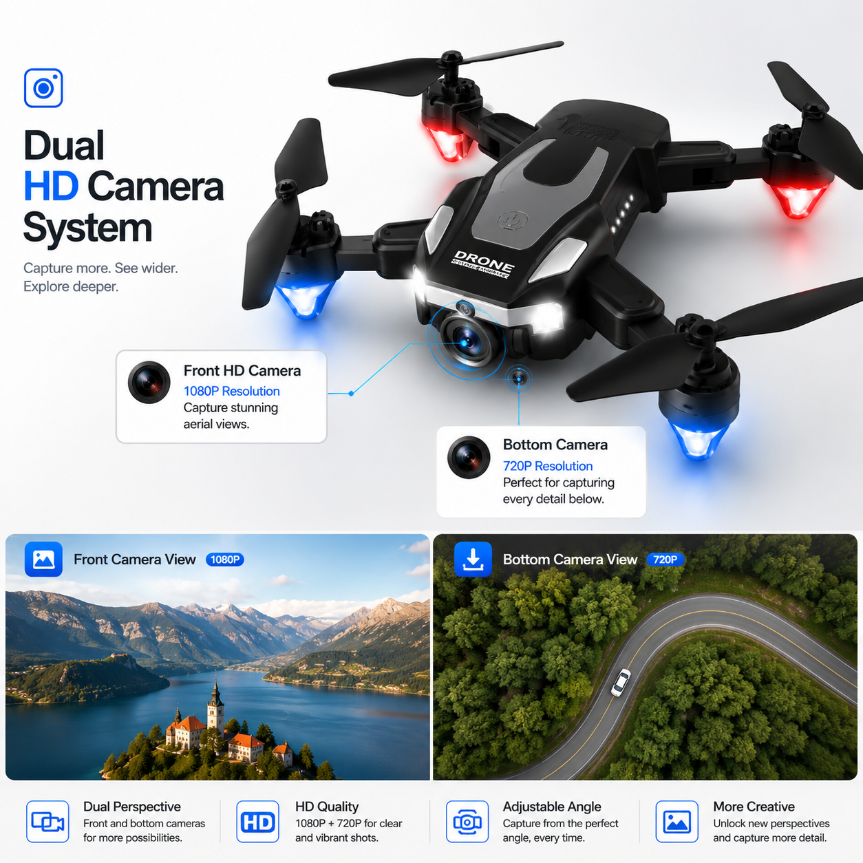 Dual HD camera foldable drone featuring a 1080P front camera and 720P bottom camera, adjustable camera angle, LED navigation lights, and side-by-side aerial view examples showcasing dual-lens functionality.
