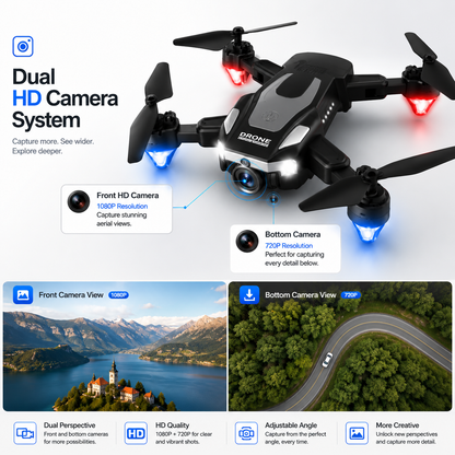 Dual HD camera foldable drone featuring a 1080P front camera and 720P bottom camera, adjustable camera angle, LED navigation lights, and side-by-side aerial view examples showcasing dual-lens functionality.