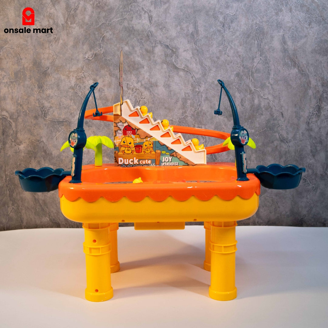 Duck slide magnetic fishing toy set with water play table, colorful fish, slide rail and fishing rods for kids.