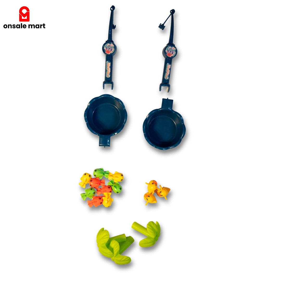 Duck slide magnetic fishing toy accessories including fishing rods, bowls, ducks, fish and decorative palm trees.