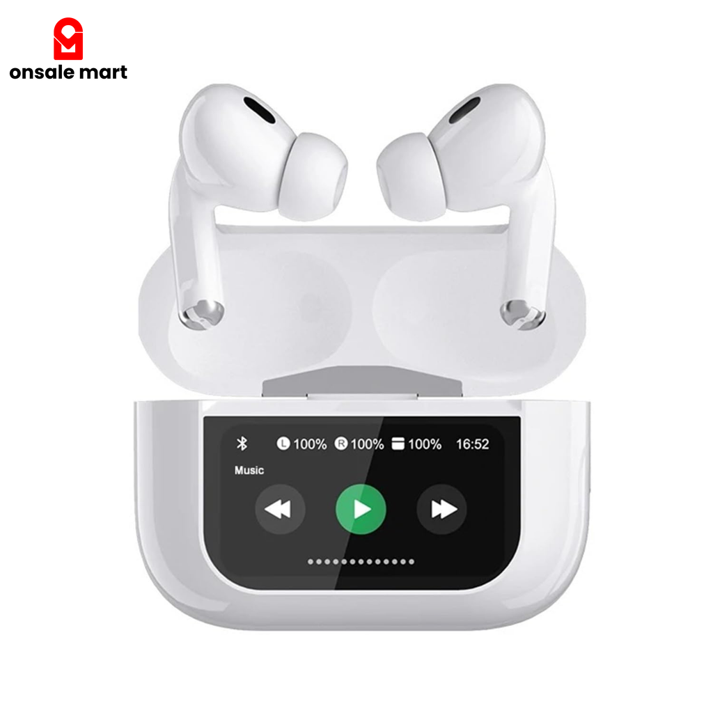 Wireless earbuds with charging case displaying music control interface on a white background.