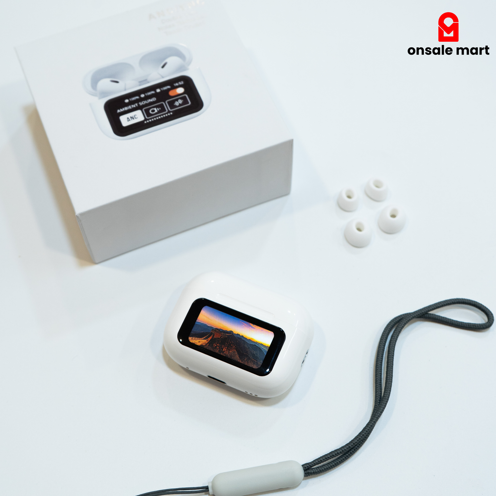 Wireless smart touch screen Earbuds with charging case and key chain on a white background, featuring 'onsale mart' logo.