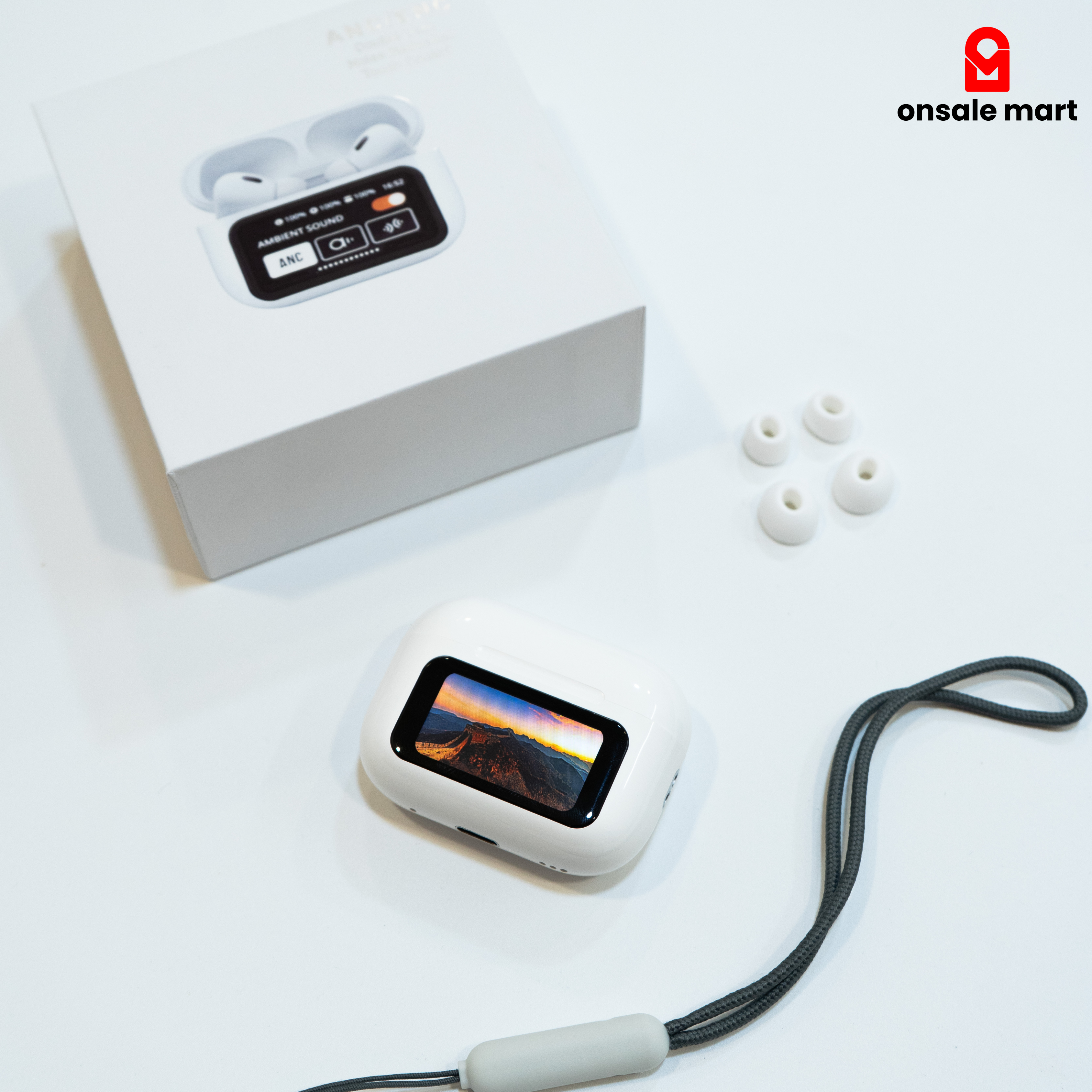 Wireless smart touch screen Earbuds with charging case and key chain on a white background, featuring 'onsale mart' logo.