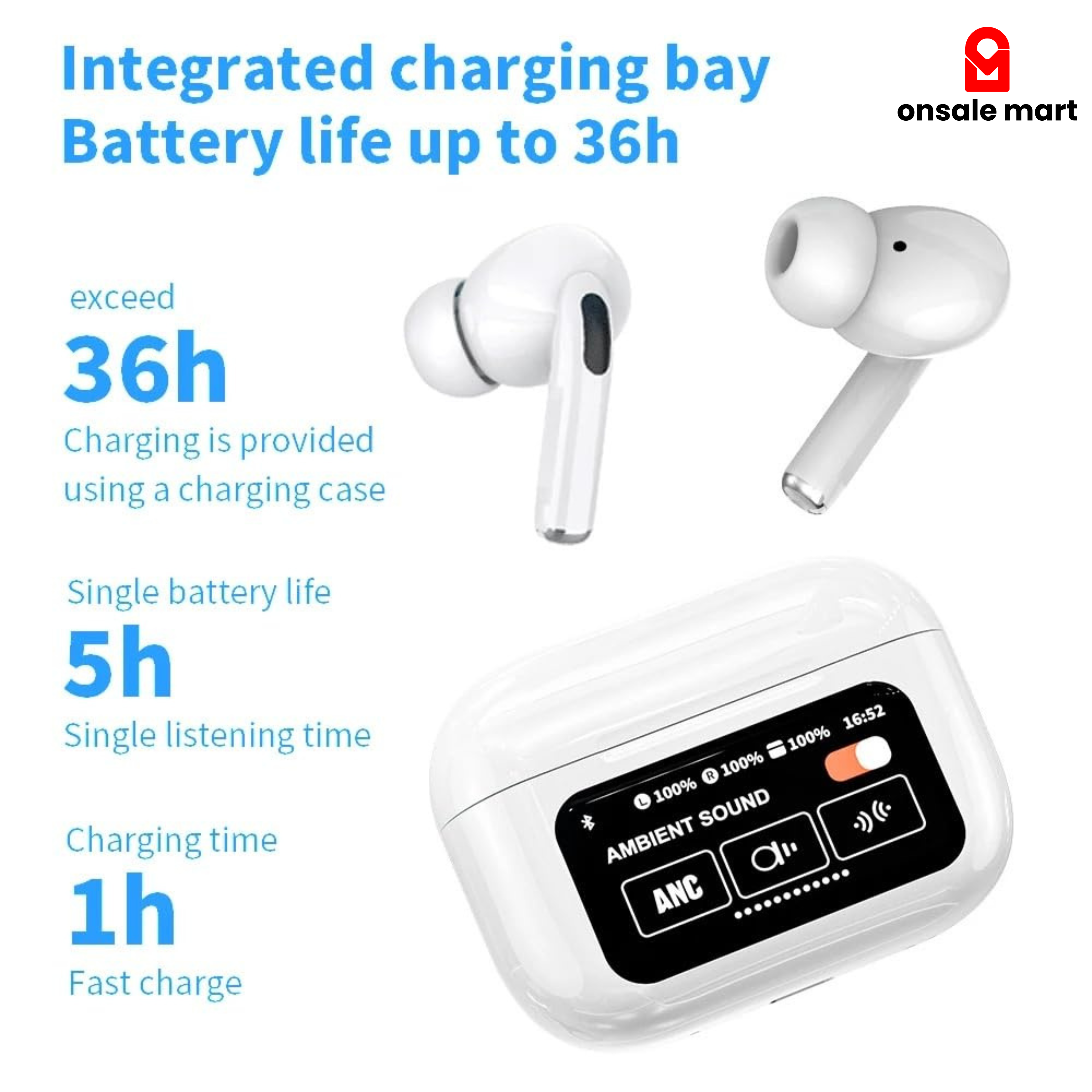 Wireless earbuds with charging case and battery life details on a white background