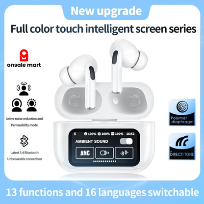 Wireless earbuds with charging case on a white background, showing it's features.