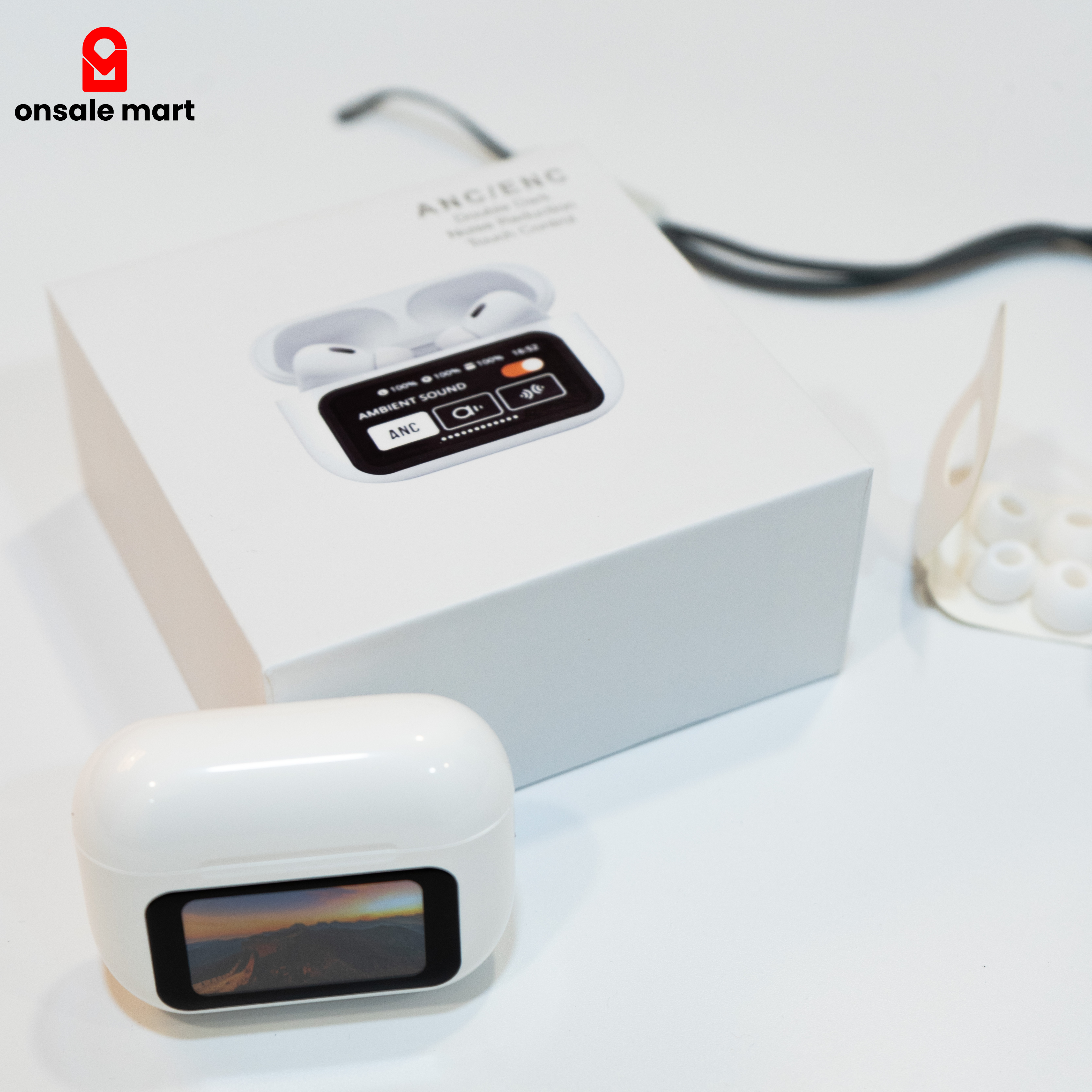 White wireless earbuds with smart touch screen charging case on a white background.