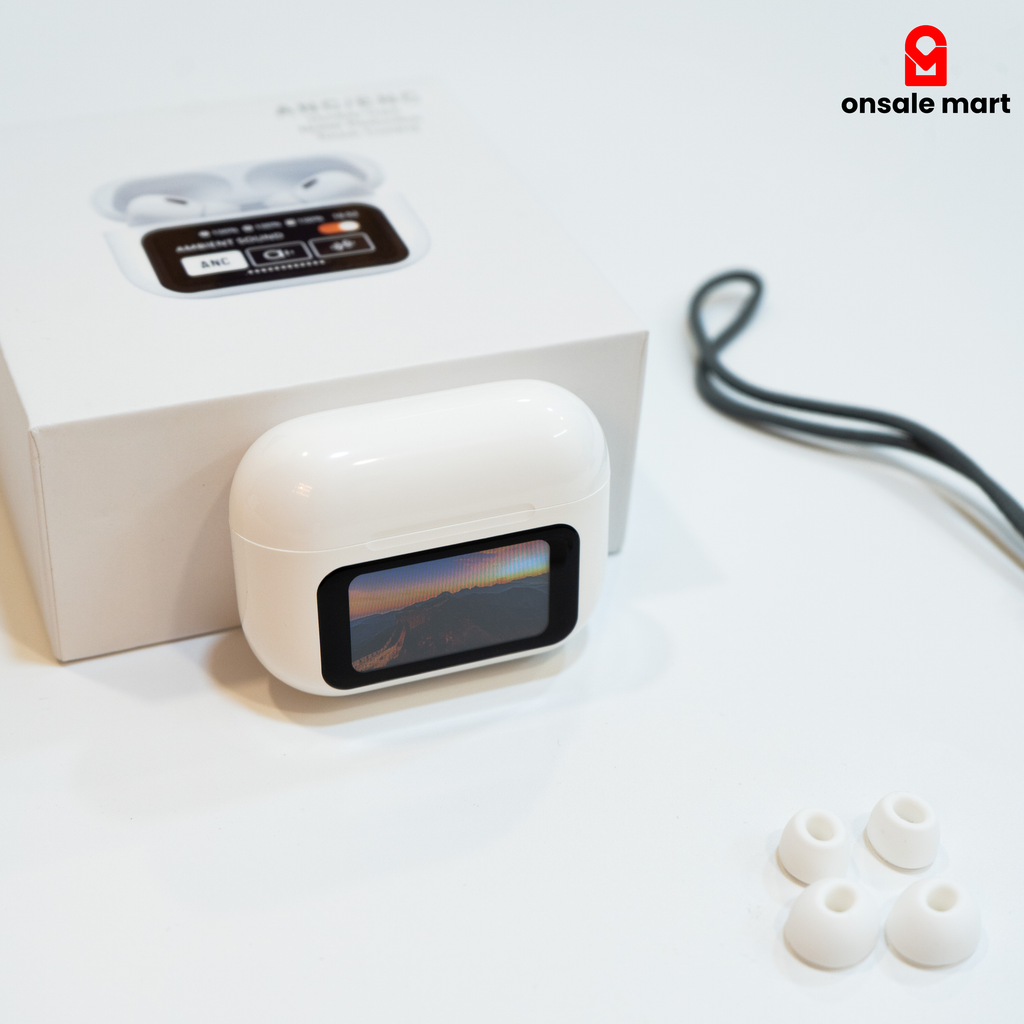 Charging case of earbuds with display, and extra buds.