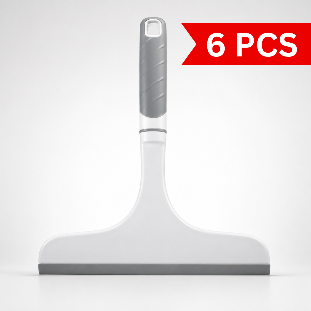 White handheld silicone window squeegee with ergonomic grey grip handle and rubber blade, isolated on a light grey background for streak-free glass and mirror cleaning.