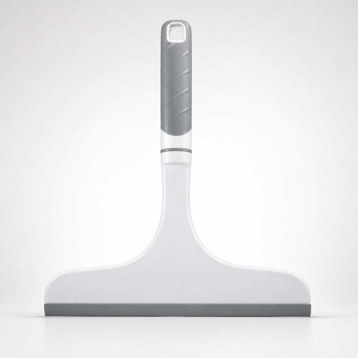 White handheld silicone window squeegee with ergonomic grey grip handle and rubber blade, isolated on a light grey background for streak-free glass and mirror cleaning.