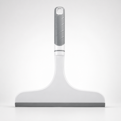 White handheld silicone window squeegee with ergonomic grey grip handle and rubber blade, isolated on a light grey background for streak-free glass and mirror cleaning.