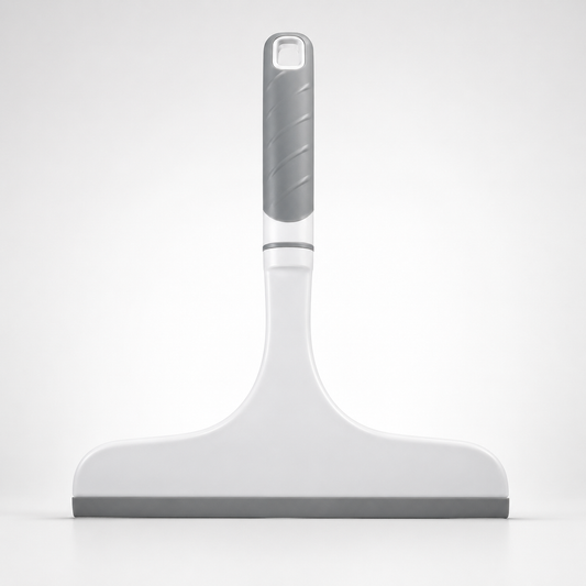 White handheld silicone window squeegee with ergonomic grey grip handle and rubber blade, isolated on a light grey background for streak-free glass and mirror cleaning.