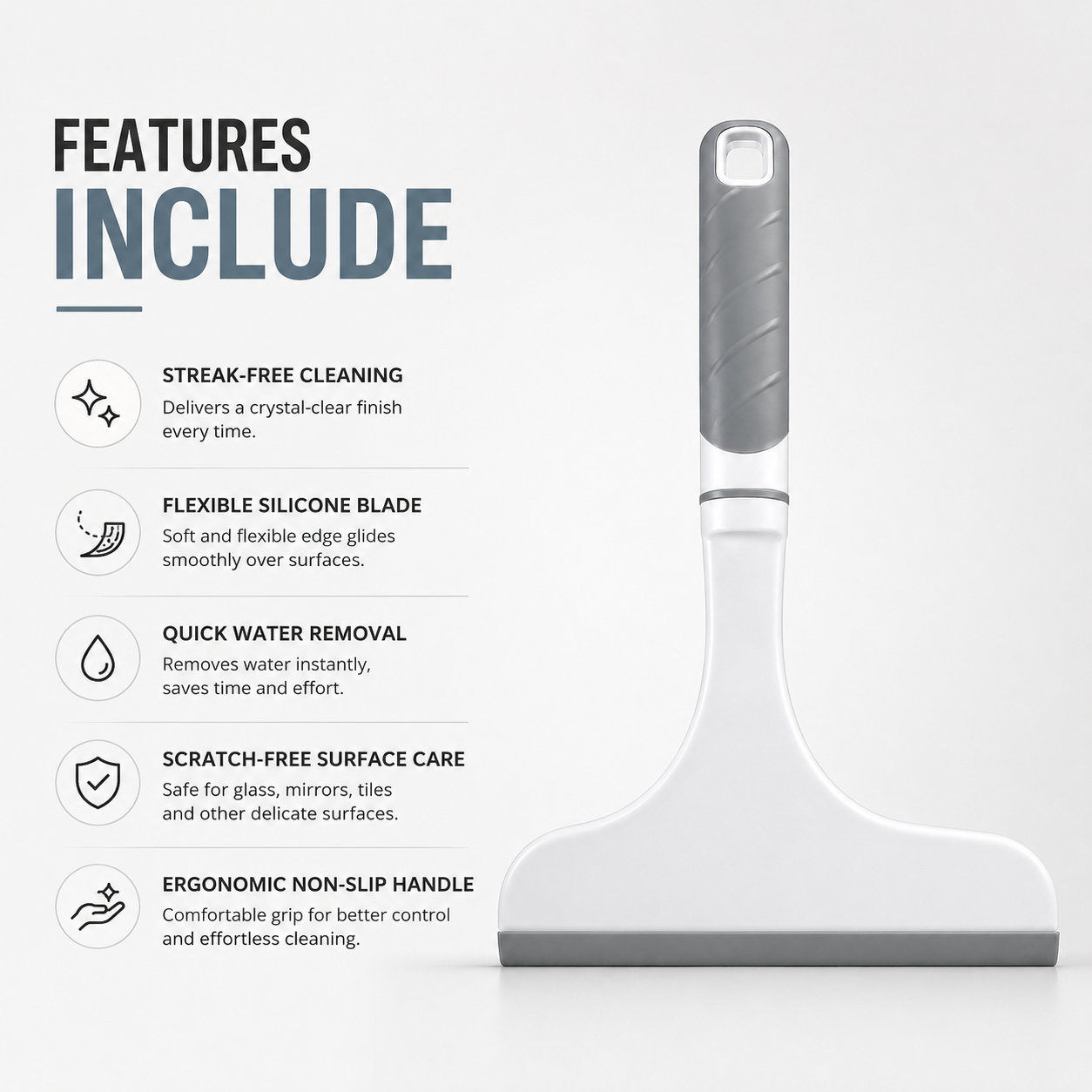 Multipurpose glass cleaning wiper with silicone blade, ergonomic non-slip handle and streak-free cleaning features for windows, mirrors and tiles