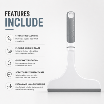 Multipurpose glass cleaning wiper with silicone blade, ergonomic non-slip handle and streak-free cleaning features for windows, mirrors and tiles