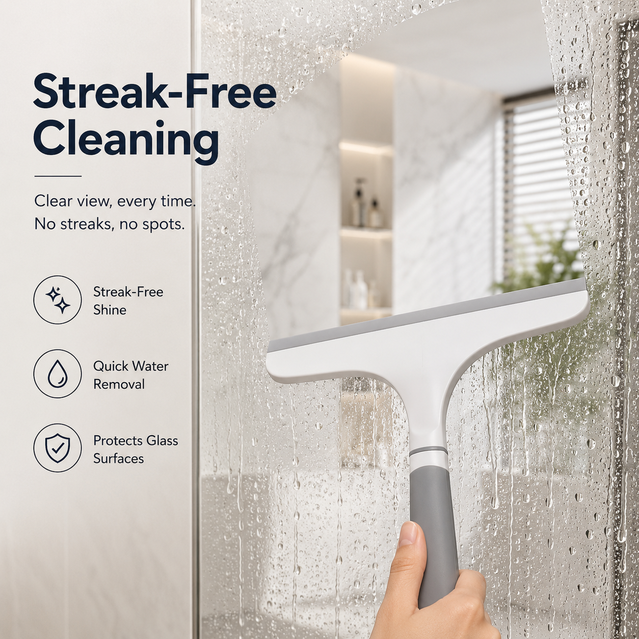 Hand using silicone window squeegee on wet shower glass for streak-free cleaning and quick water removal