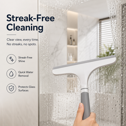 Hand using silicone window squeegee on wet shower glass for streak-free cleaning and quick water removal