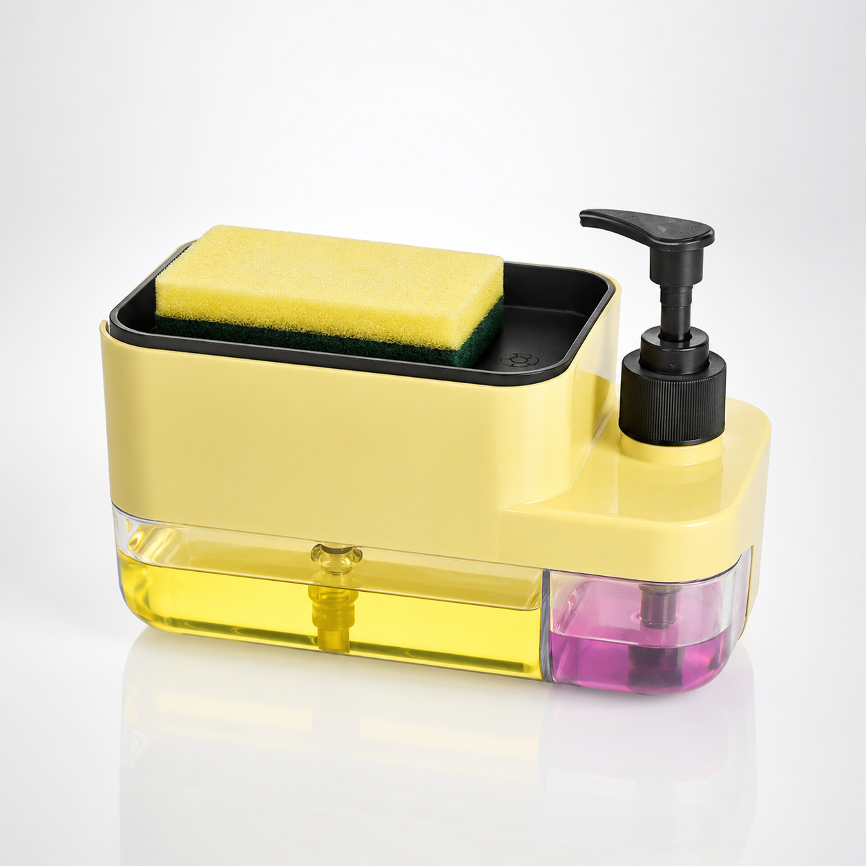 3-in-1 dish soap dispenser with sponge holder and refillable liquid reservoir, kitchen sink organizer for dishwashing and cleaning tasks