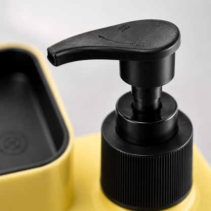 3-in-1 dish soap dispenser black pump head close-up, refillable kitchen soap dispenser with sponge holder, durable ABS plastic sink organizer