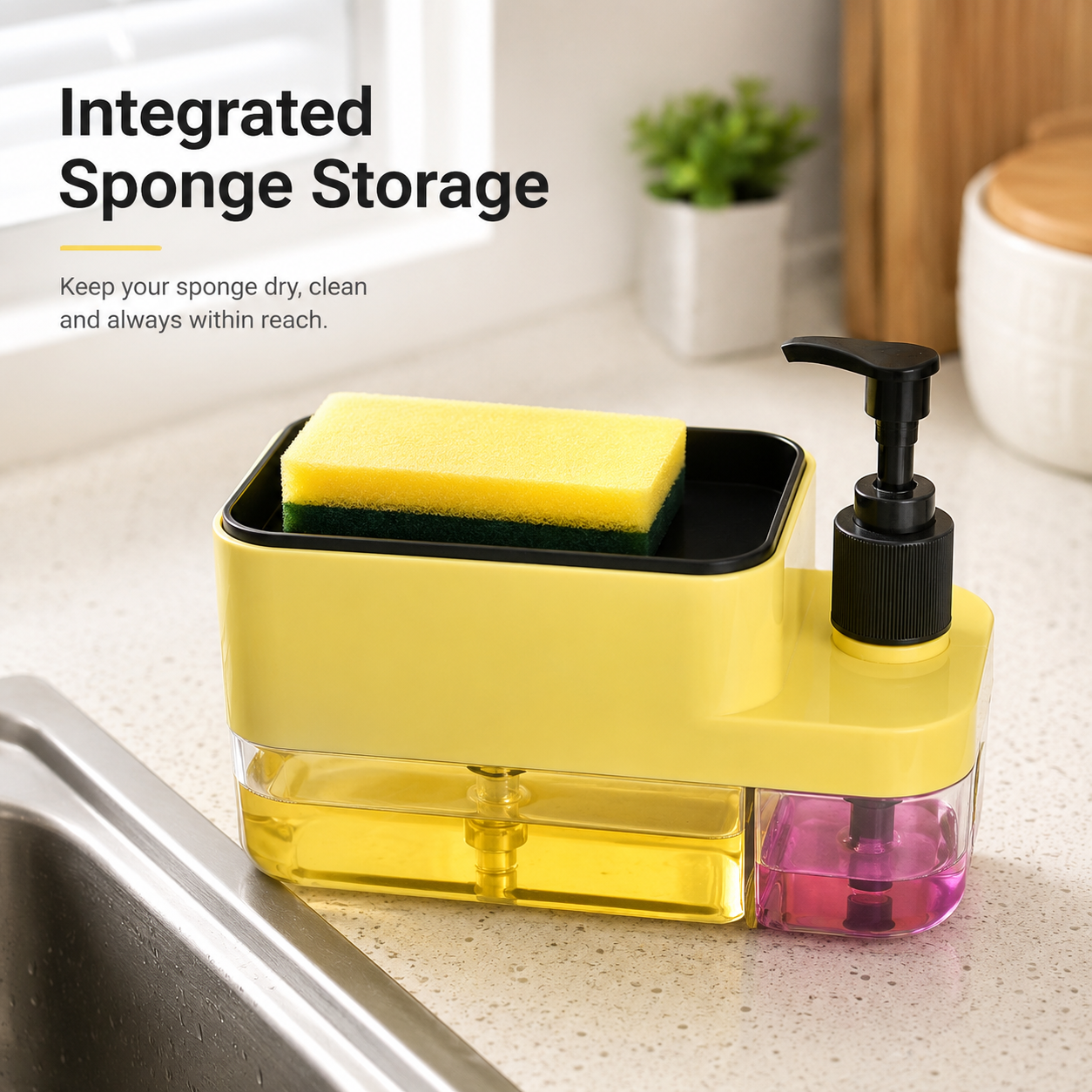 3-in-1 dish soap dispenser with sponge holder on kitchen countertop, space-saving sink organizer with refillable soap pump and sponge tray