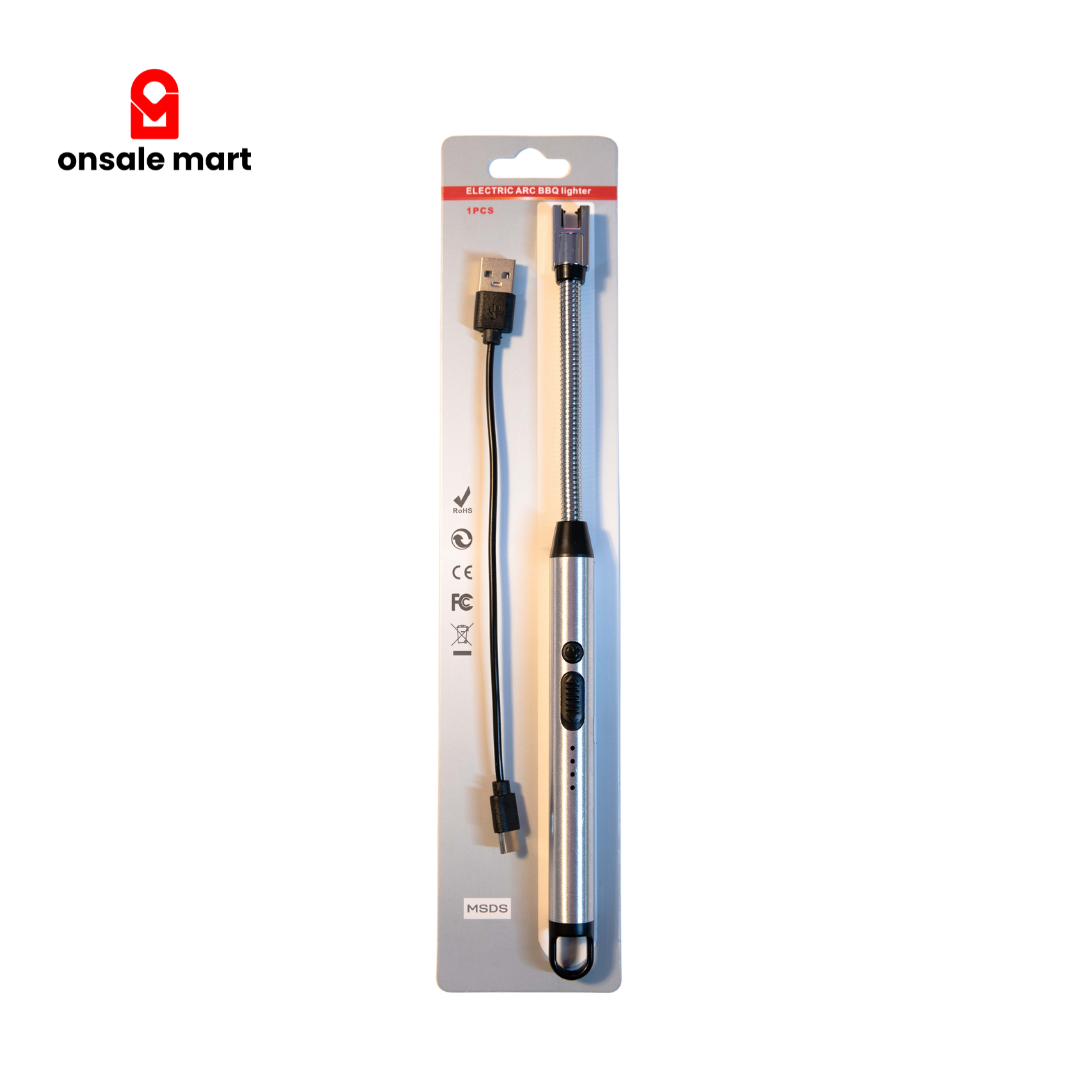 Electric arc BBQ lighter with USB charging cable in retail packaging.