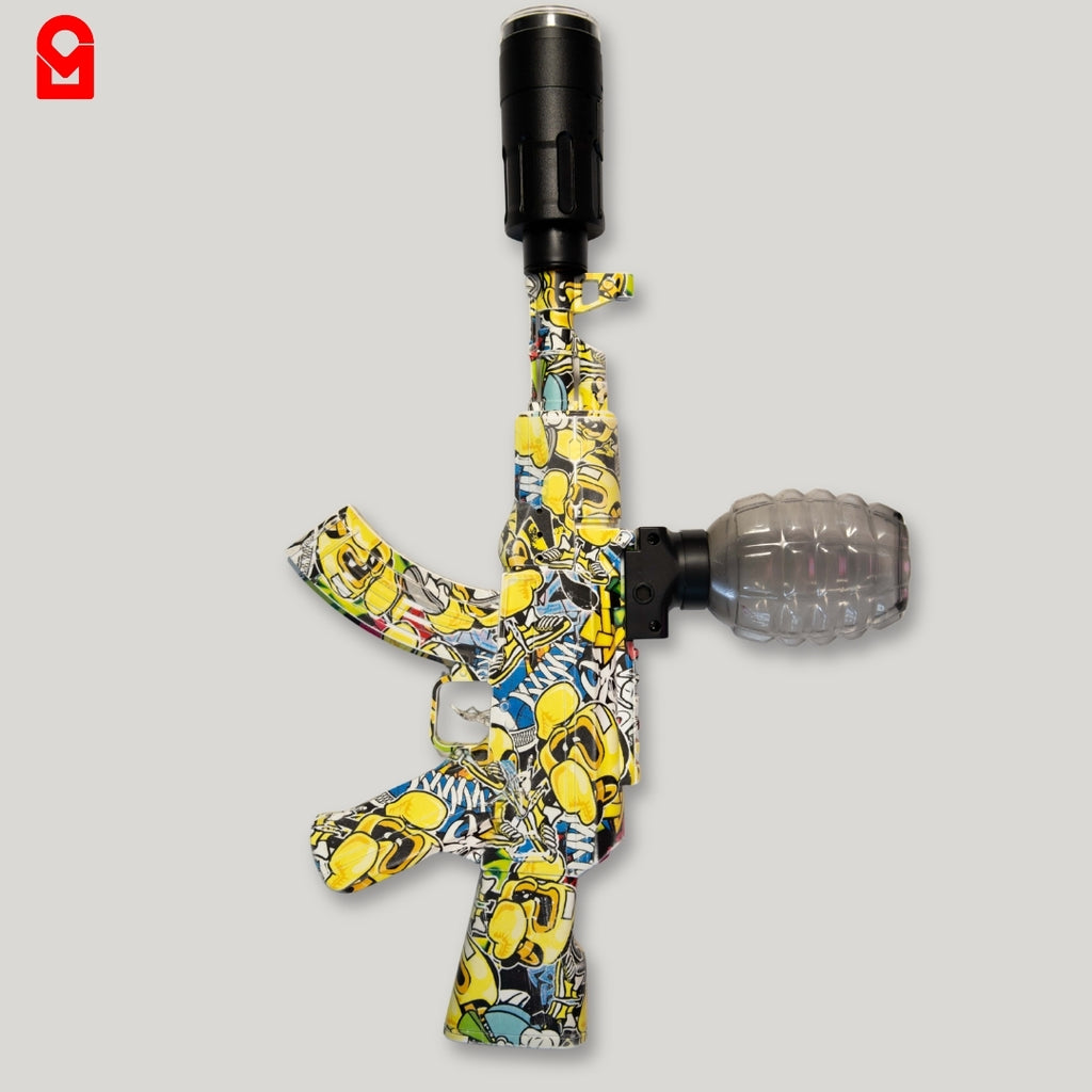 Electric gel blaster gun with detachable magazine and printed body design on white background.