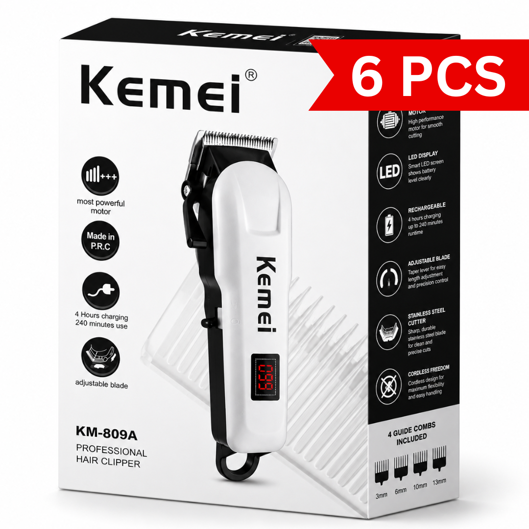 Professional rechargeable hair clipper with LED display, adjustable stainless steel blade, powerful motor, USB charging, cordless operation, and four guide combs packaging.
