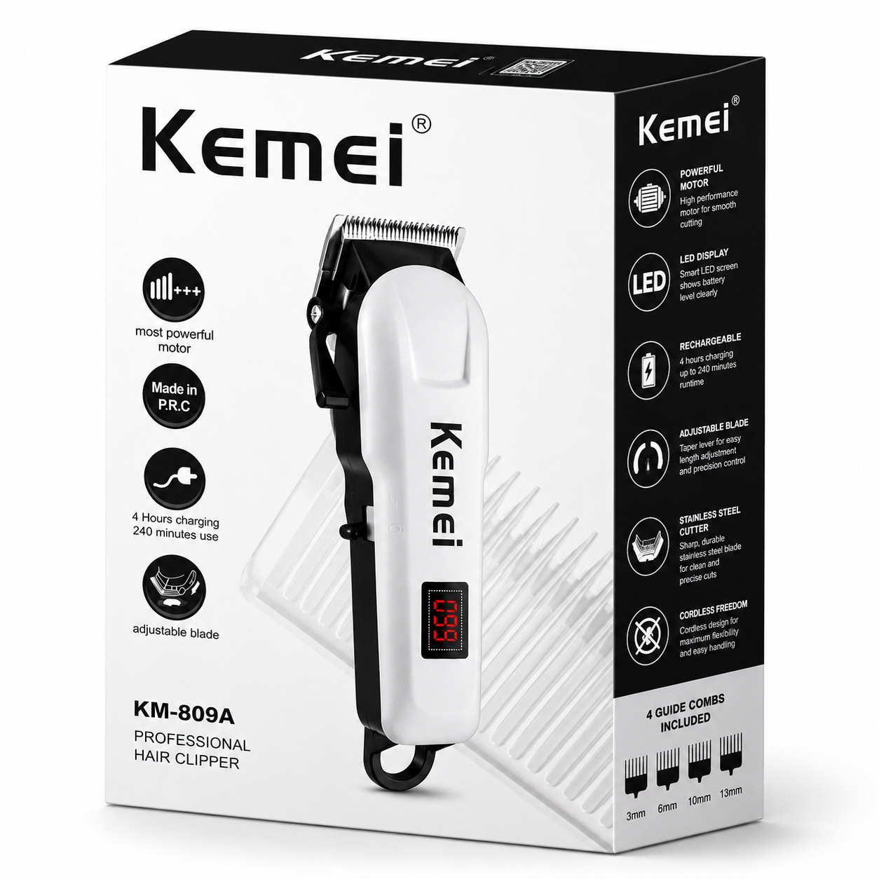 Professional rechargeable hair clipper with LED display, adjustable stainless steel blade, powerful motor, USB charging, cordless operation, and four guide combs packaging.