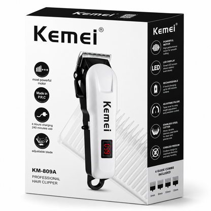 Professional rechargeable hair clipper with LED display, adjustable stainless steel blade, powerful motor, USB charging, cordless operation, and four guide combs packaging.