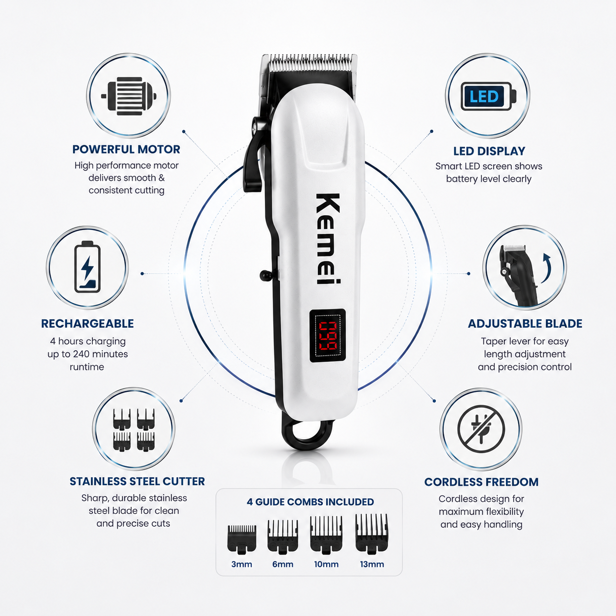 Professional cordless hair clipper with LED battery display, powerful motor, adjustable blade, stainless steel cutter, USB rechargeable battery, and four guide comb sizes (3mm, 6mm, 10mm, 13mm).