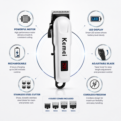 Professional cordless hair clipper with LED battery display, powerful motor, adjustable blade, stainless steel cutter, USB rechargeable battery, and four guide comb sizes (3mm, 6mm, 10mm, 13mm).