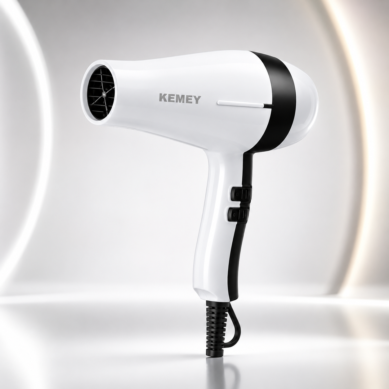 High-speed negative ion hair dryer with white and black finish, ergonomic corded design, dual control switches and focused airflow nozzle for fast everyday hair drying.