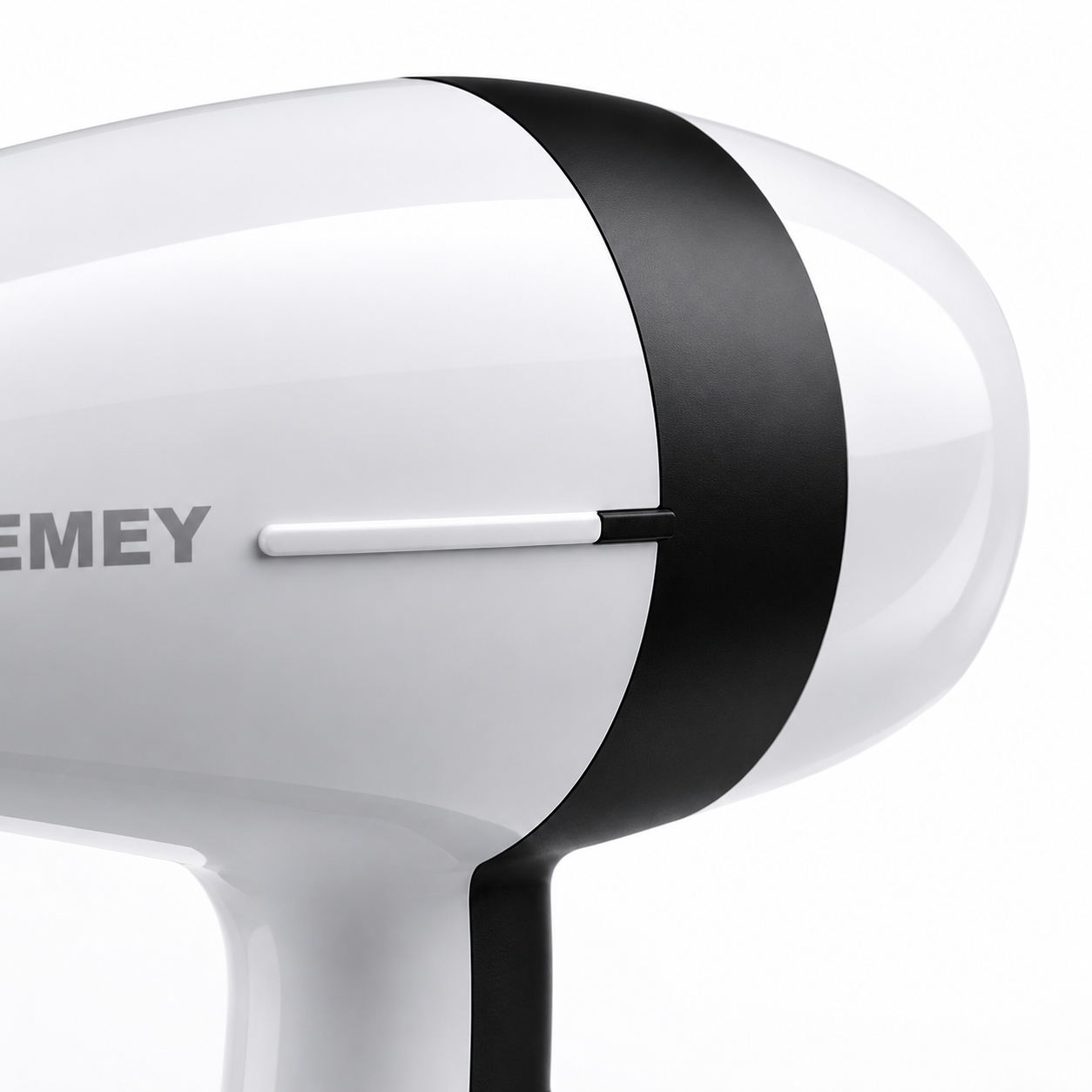 Close-up of the high-speed hair dryer's rear housing featuring a sleek white and black design with durable construction and modern minimalist finish.